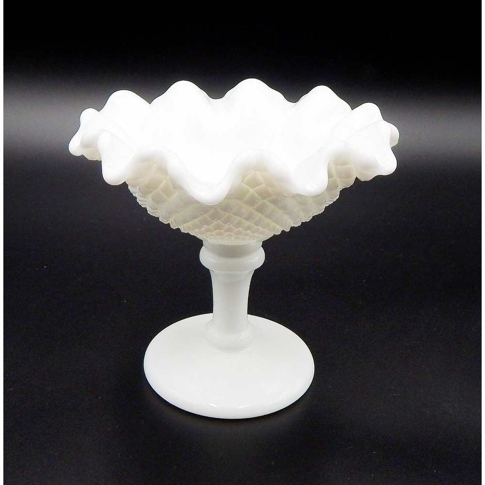 Westmoreland Milk Glass Compote English Hobnail Ruffled Edge Candy Pedestal
